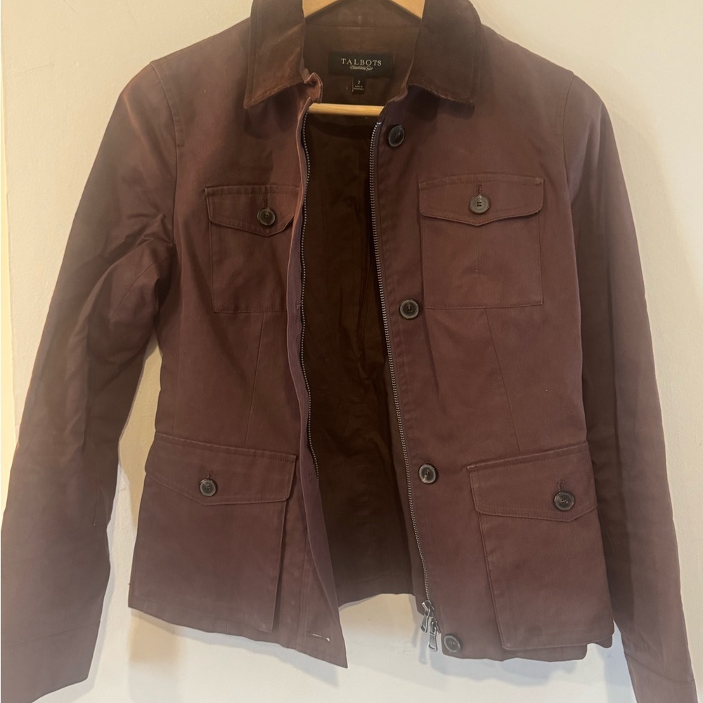 Talbots Chocolate Brown Utility Barn Coat Corduroy Trim Size 2 - Picture 3 of 8
